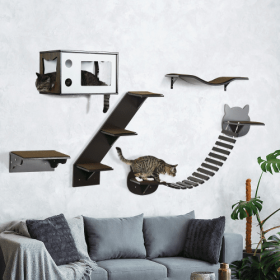 PawHut Cat Shelves With Ergonomically Curved Platform, Cozy Cat House, Bridge, Easy Stairs, And Flat Perch, Wall-Mounted Cat Tree Climbing Playground,